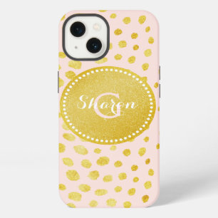 Chic pink faux gold glitter cheetah print monogram iPhone 13 case