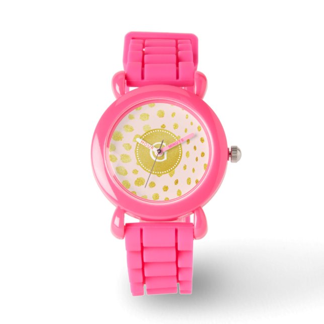 Chic pink faux gold glitter cheetah print monogram watch (Front)