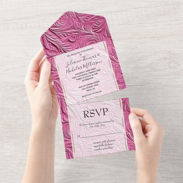 Chic Pink Faux Leather All In One Invitation (Tearaway)