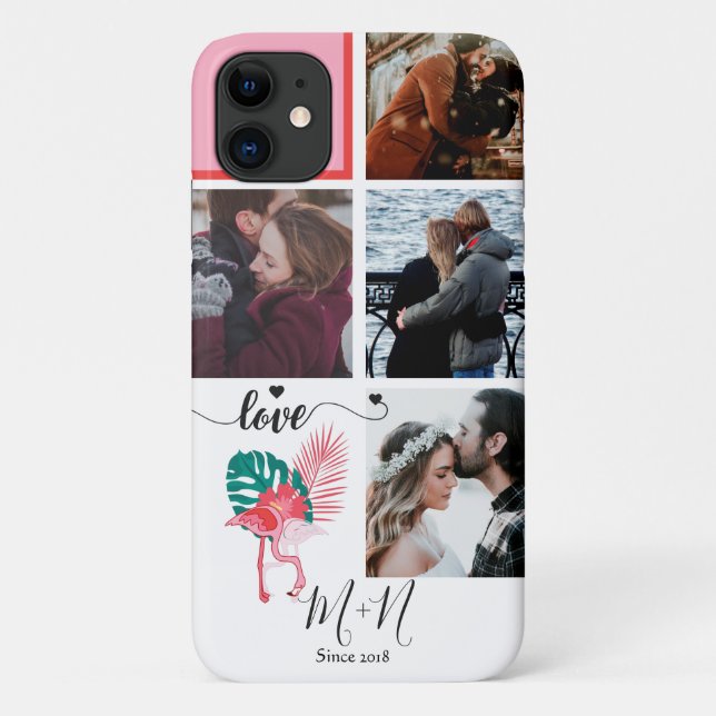 Chic Pink Flamingo 5 Photo Collage Case-Mate iPhone Case (Back)