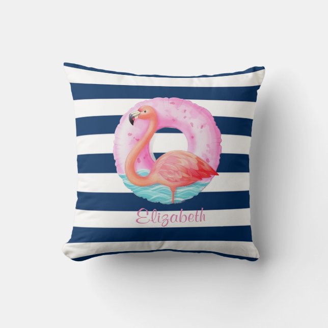 Chic Pink Flamingos Pool Float Navy Blue Striped Throw Pillow (Front)