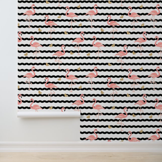 Chic Pink Flamingos Wavy Lines and Gold Hearts Wallpaper (Application)