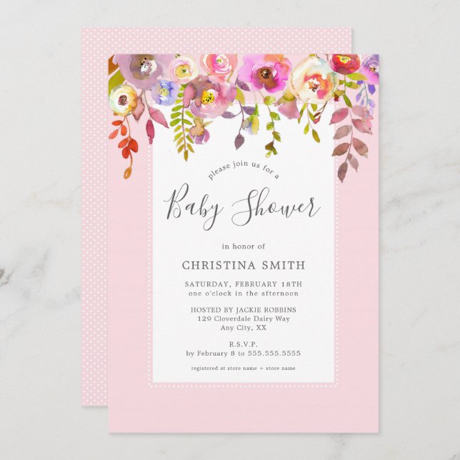 Chic pink floral baby shower invitation (Front/Back)