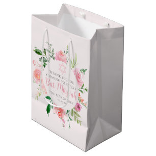 Chic Pink Floral Bat Mitzvah Jewish Birthday Party Medium Gift Bag