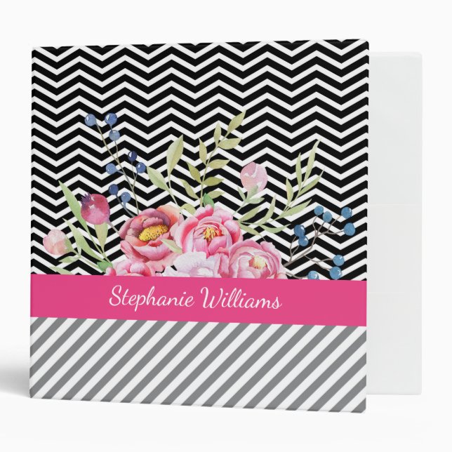 Chic Pink Floral Black and White Chevrons and Name Binder (Front/Inside)