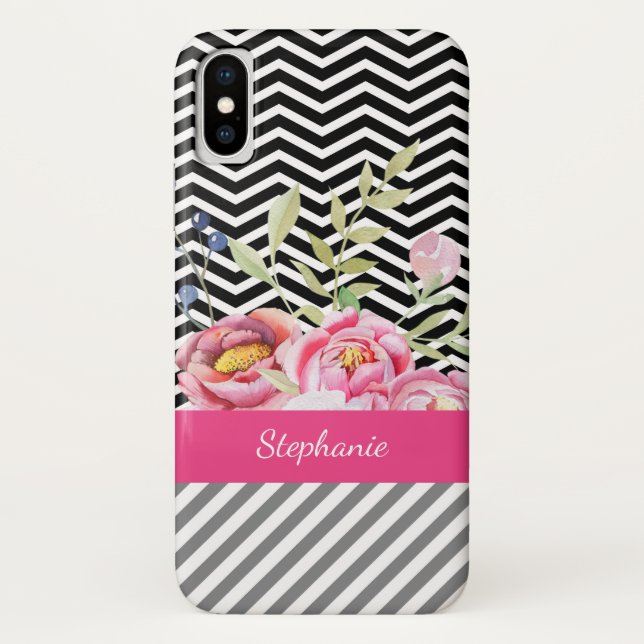 Chic Pink Floral Black and White Chevrons and Name Case-Mate iPhone Case (Back)