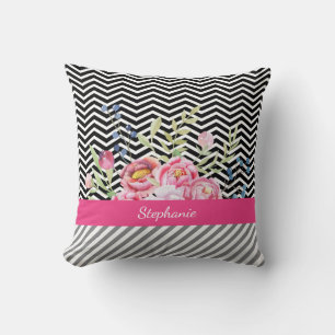 Chic Pink Floral Black and White Chevrons and Name Throw Pillow