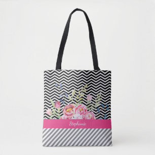 Chic Pink Floral Black and White Chevrons and Name Tote Bag