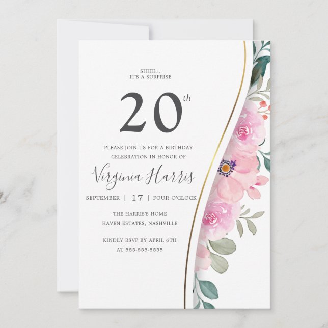 Chic Pink Floral Foliage Twenty 20th Birthday Invitation (Front)
