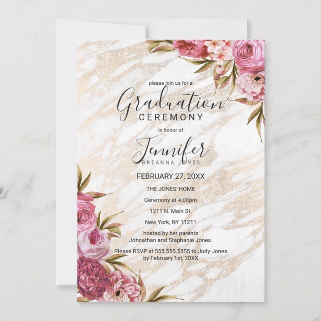 Chic Pink Floral Gold Marble Graduation Ceremony Invitation (Front)