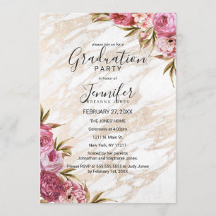 Chic Pink Floral Gold Marble Graduation Party Invitation