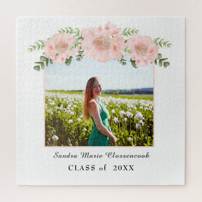 Chic Pink floral graduation White Class 2021 Jigsaw Puzzle (Vertical)