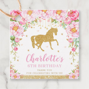 Chic Pink Floral Horse Birthday Party Thank You Favour Tags