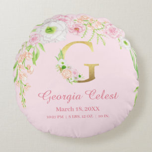 Chic Pink Floral Monogram Baby Stats Round Pillow