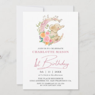 Chic Pink Floral Moon Girl Elephant 1st Birthday Invitation
