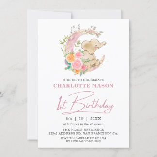 Chic Pink Floral Moon Girl Elephant 1st Birthday Invitation