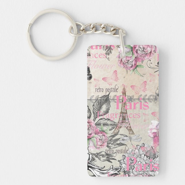 Chic pink floral Paris Eiffel Tower typography Keychain (Front)