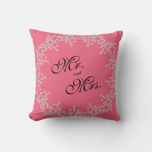 Chic Pink Floral & Pearls Wedding "Mr & Mrs" Throw Pillow