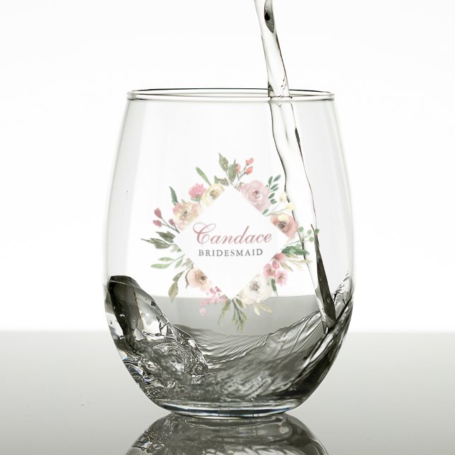 Chic Pink Floral Personalized Bridesmaid Stemless Wine Glass (Creator Uploaded)