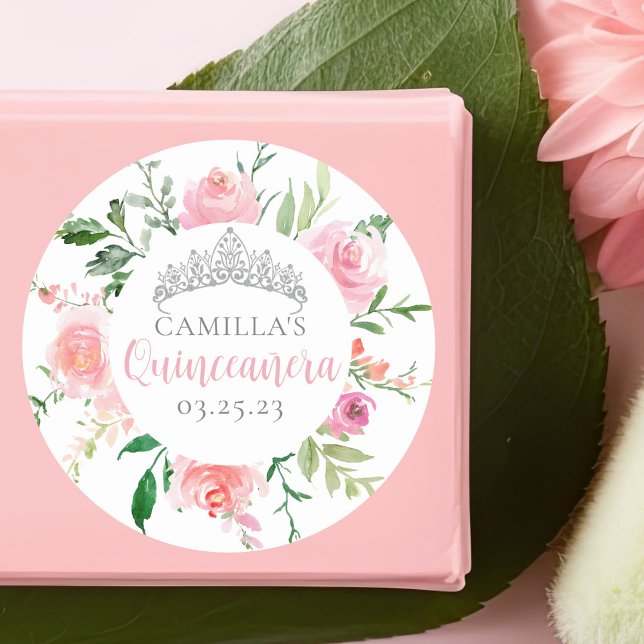 Chic Pink Floral Quinceañera Silver Tiara Party Classic Round Sticker (Creator Uploaded)