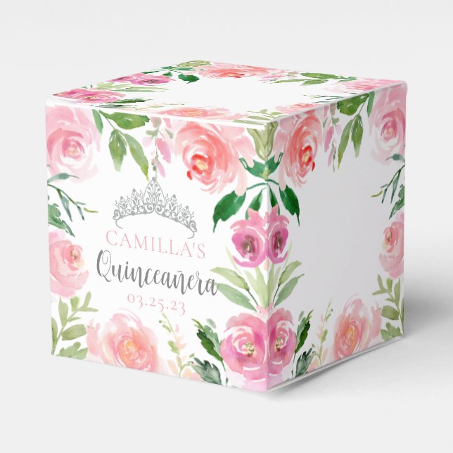 Chic Pink Floral Quinceañera Silver Tiara Party Favor Box (Front Side)