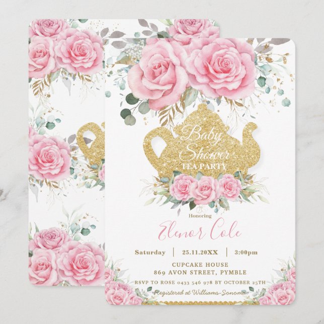 Chic Pink Floral Roses Baby Shower High Tea Party Invitation (Front/Back)