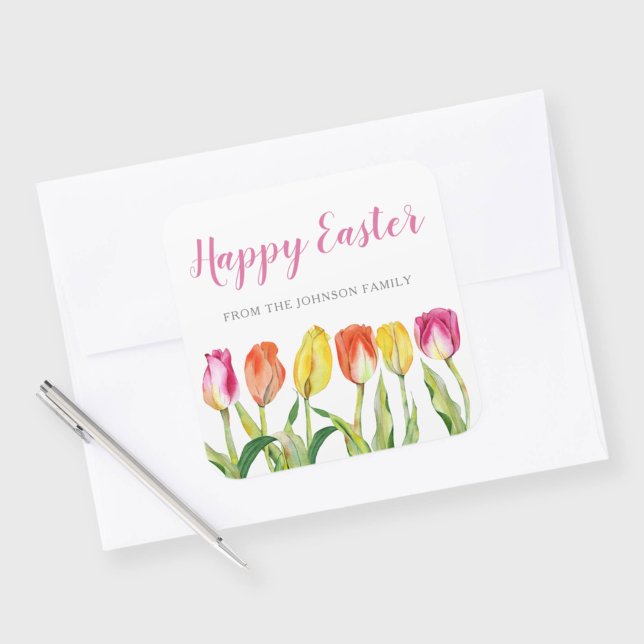 Chic Pink Floral Tulips Happy Easter  Square Sticker (Chic Pink Floral Tulips Happy Easter Square Sticker)