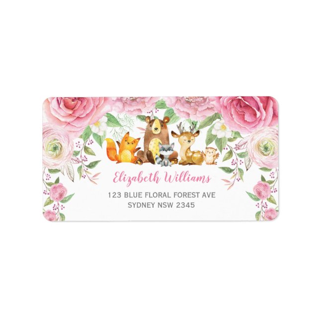 Chic Pink Floral Woodland Animals Return Address Label (Front)