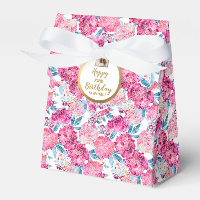 Chic Pink Flowers, Custom Photo, Birthday Party Favor Box (Front Side)