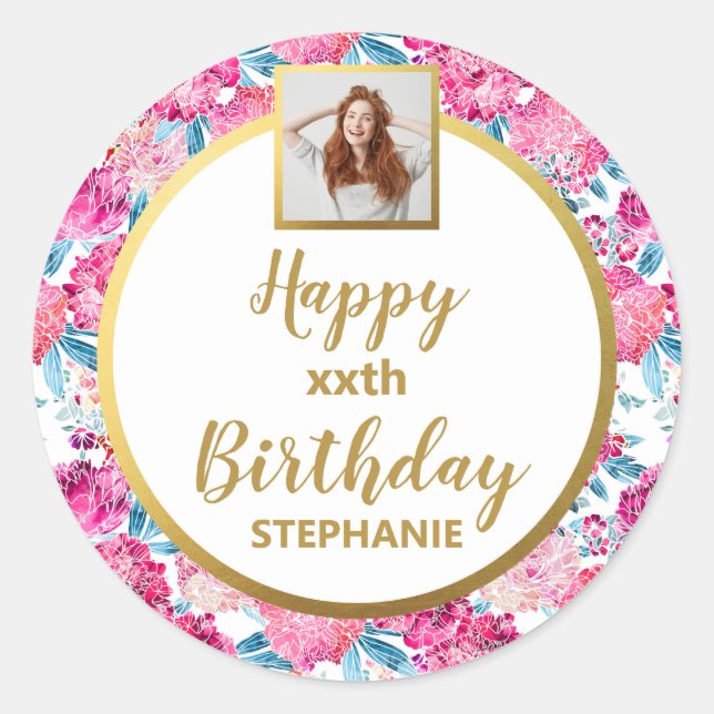 Chic Pink Flowers, Custom Photo, Happy Birthday Classic Round Sticker (Front)