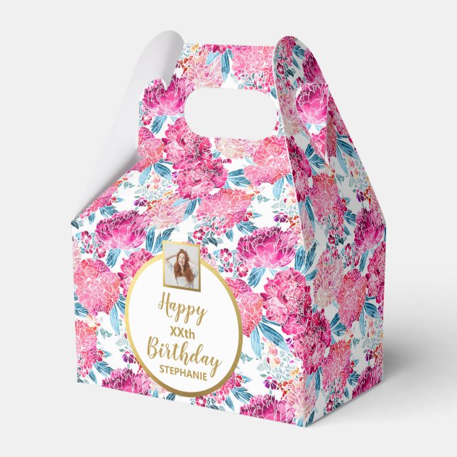 Chic Pink Flowers, Custom Photo, Happy Birthday Favor Box (Front Side)