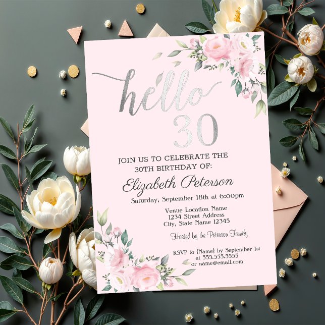 Chic Pink Flowers Silver 30th Birthday   Invitation (Creator Uploaded)