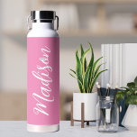 Chic Pink Girls Name White Script Personalized Water Bottle<br><div class="desc">A chic personalized pink monogram water bottle for a girl who loves simple,  handwritten gifts. Beautiful cursive script down the side of your bottle spelling out your name.</div>