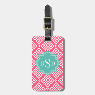 Chic pink girly greek key patterns monogram luggage tag