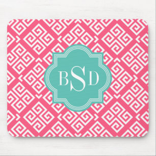 Chic pink girly greek key patterns monogram mouse pad