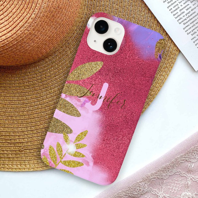 Chic Pink Glam Shimmering Glitter And Gold Leaves  Case-Mate iPhone Case (Creator Uploaded)