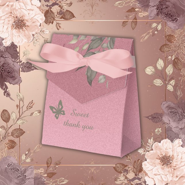 chic pink glamourous glitter & greenery wedding favor box (Creator Uploaded)