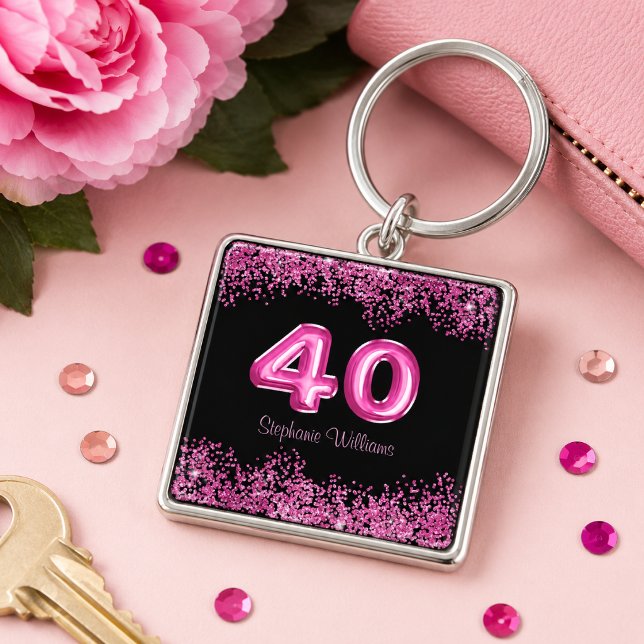Chic Pink Glitter Black 40th Birthday  Keychain (Add name to customize.  Please see the collection for matching items.)