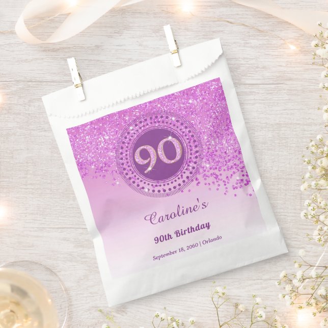 Chic Pink Glitter & Dotted Frame 90th Birthday Favour Bag (Clipped)