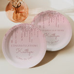Chic Pink Glitter Drip Graduation Party Paper Plate<br><div class="desc">These chic,  elegant graduation party paper plates feature a sparkly pink faux glitter drip border and pink ombre background. Personalize them with the graduate's name in rose handwriting script,  with the word "Congratulations" above and the class year below in sans serif font. Ideal for high school or college graduation.</div>
