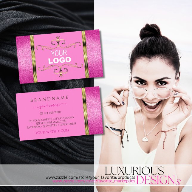 Chic Pink Glitter Gold Border Ornamental with Logo Business Card (Creator Uploaded)
