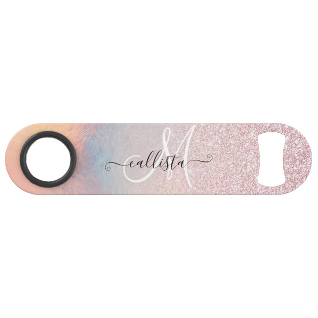 Chic Pink Glitter Iridescent Holographic Gradient Bar Key (Front (Horizontal))