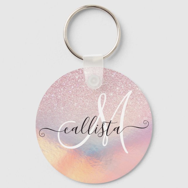 Chic Pink Glitter Iridescent Holographic Gradient Keychain (Front)
