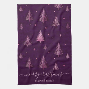 Chic pink glitter merry christmas trees name kitchen towel