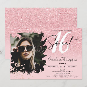 Chic pink glitter ombre floral photo Sweet 16 Invitation