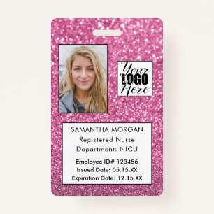 Chic Pink Glitter Photo Logo Employee ID Badge