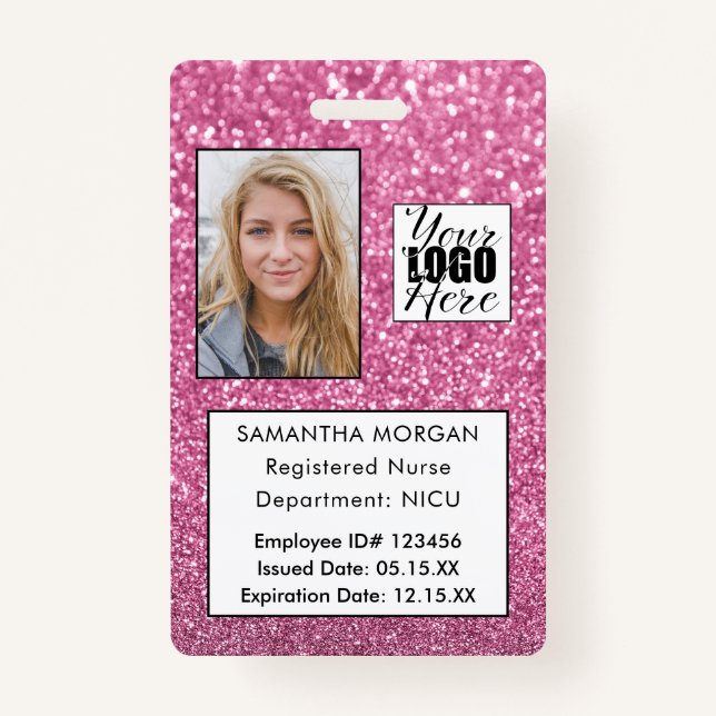 Chic Pink Glitter Photo Logo Employee ID Badge (Front)