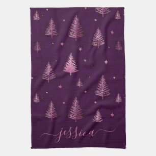 Chic pink glitter purple christmas trees name kitchen towel
