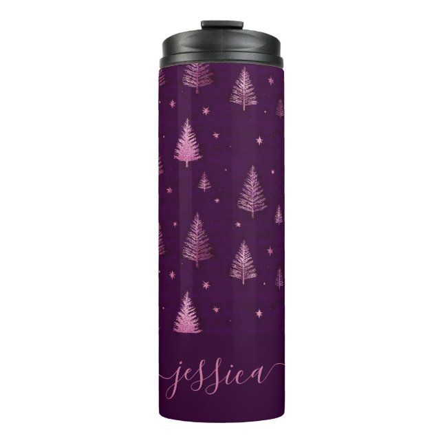 Chic pink glitter purple christmas trees name thermal tumbler (Front)