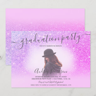 Chic pink glitter sparkles chic photo graduation invitation